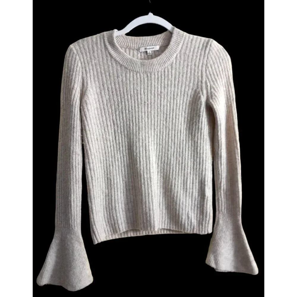 Madewell Wool Blend Flared Sleeve Lightweight Fall School Sweater Sz XS Oatmeal